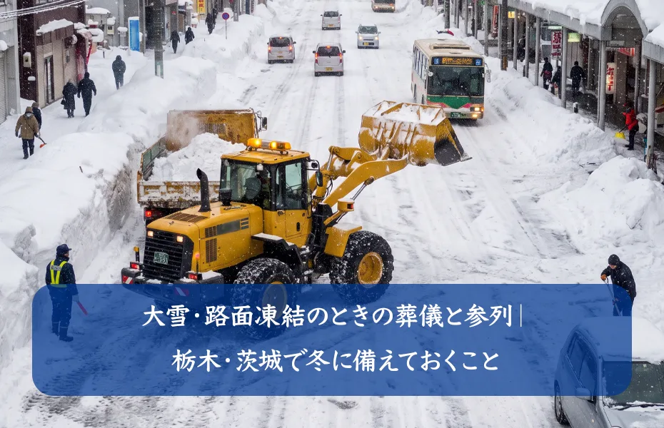 大雪のなか除雪作業が行われる市街地の道路